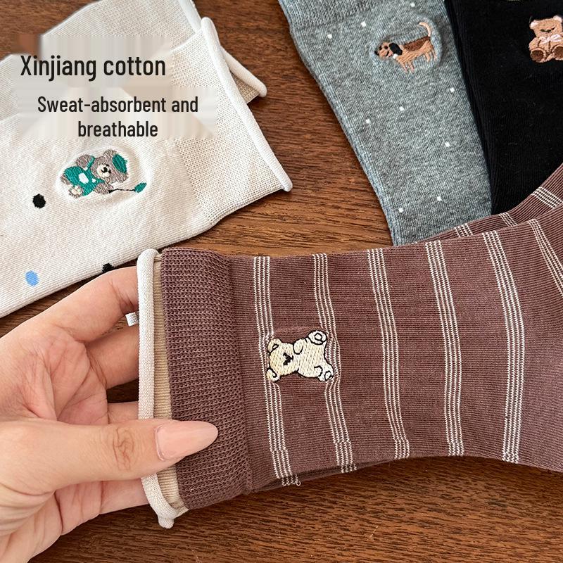 "Polka Dot Cartoon Bear Mid-Calf Women’s Socks - Korean & Japanese Style, Striped Color Block, Perfect for Spring & Autumn”
