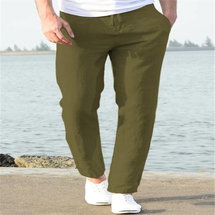 Pánské plátěné léto ležérní kalhoty se stahovací šňůrkou v pase elastické jednobarevné prodyšné denní tužkové legíny kalhoty
