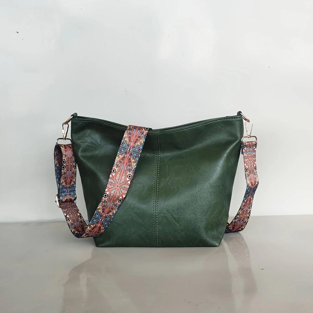 Fashionable wide shoulder strap shoulder bag, retro PU leather women's crossbody bag, casual bucket bag