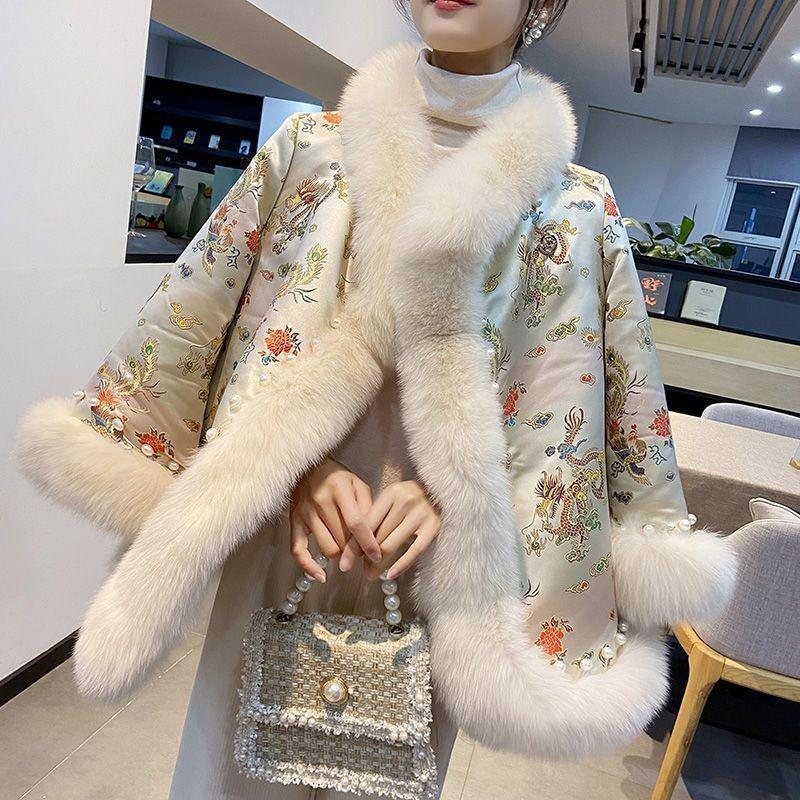 New imitation fox fur imitation coat women's middle school cape coat dragon and phoenix chengxiang tang suit