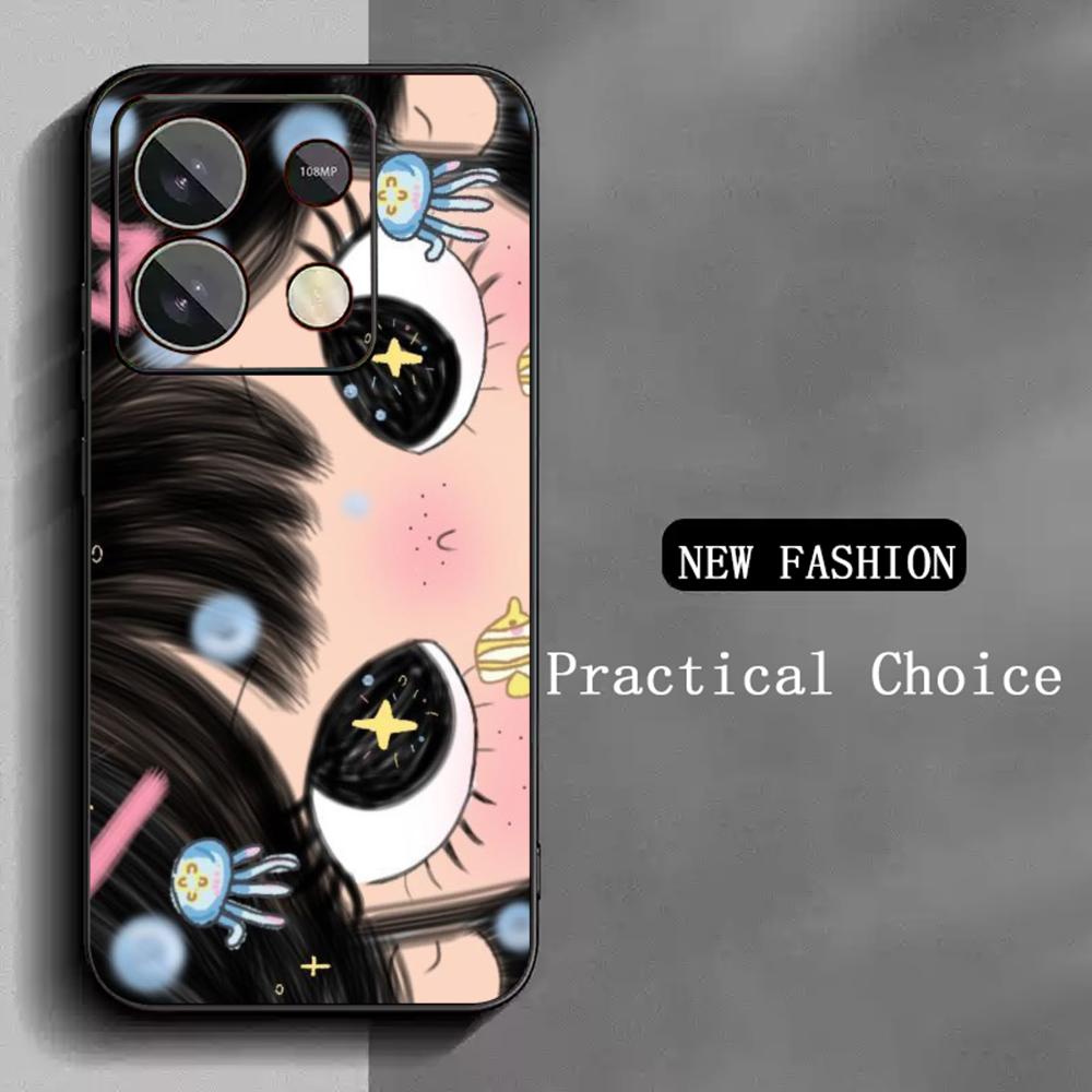 Cute girl cartoon big eye design Phone Case For Redmi Note 14 13 12 11 Pro Plus S 5G 14C A3 Soft Black Phone Cover
