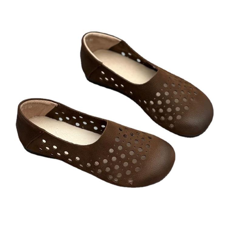 Choule 2024 Handmade Retro Leather Women's Cutout Sandals with Soft Sole