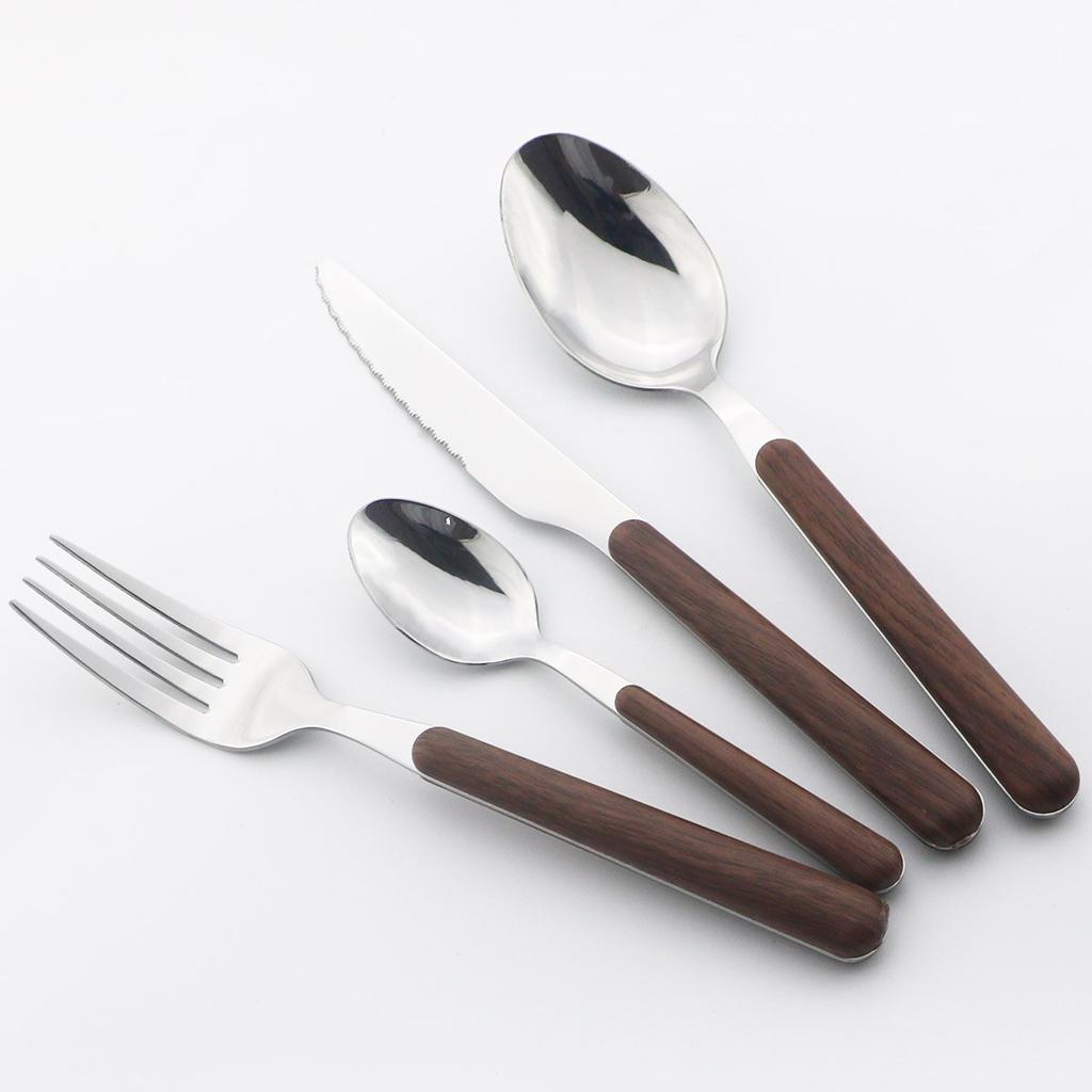 5Pcs Wooden Handle Dinnerware Stainless Steel Mirror Cutlery Set Western Knife Fork Spoon Silverware Tableware Set