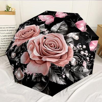 Pink Roses And Butterflies 8-Frame for Travel, Camping, Casual Lightweight Portable Umbrella, Essential for Every Family Holidays Birthday Gift