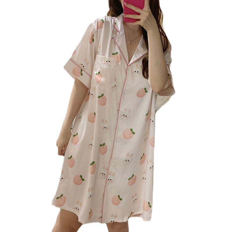 Simple And Sweet Summer Pajamas Women'S Short-Sleeved Lapel Cardigan Peach Print Loungewear Nightdress