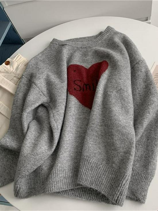 Korean Style Love Jacquard Couples' Knit Pullover - Women's Autumn/Winter Loose Long Sleeve Sweater