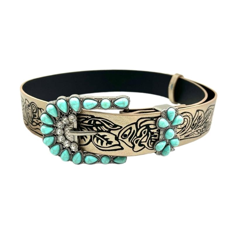 

Bohemian Style Belt for Women Turquoises Buckle Embossed Waistband for Jeans Pants Elegant Decorative Belt for Adult
