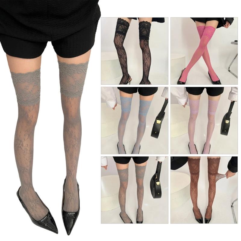 Vintage Colorful Patterned Over Knee Socks Floral Lace Trim Fishnet Mesh Stretchy Nylon Thigh High Stockings For Women