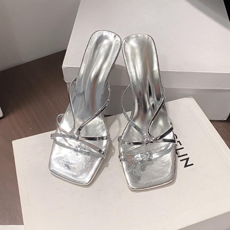 French Gentle High-heeled Cool Slippers 2025 Summer New Women's Sexy Slippers Fashion Cross-strap Square Head Women's Shoes