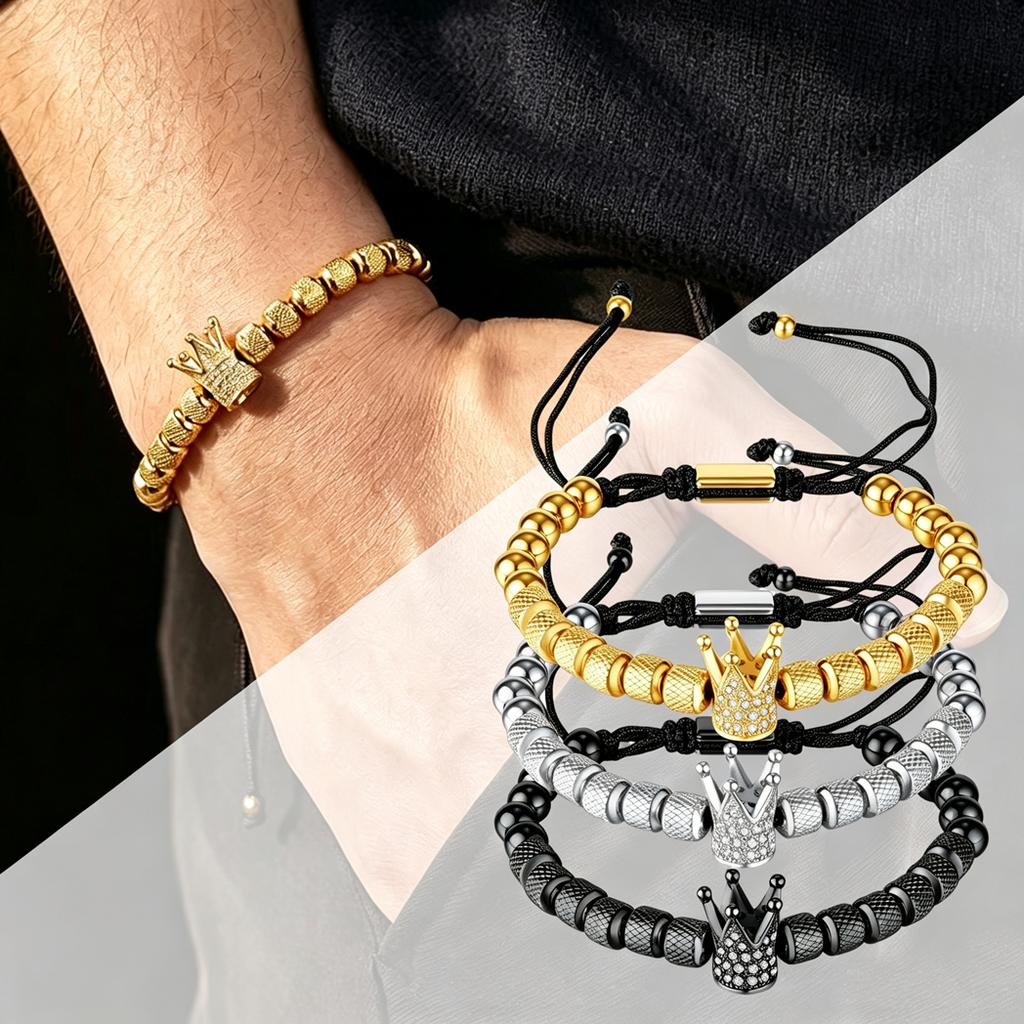 Stainless Steel 18K Gold Plated CZ Crown Pineapple Bead Bracelet, Woven Rope, Waterproof Tarnish-Free, Men's Jewelry