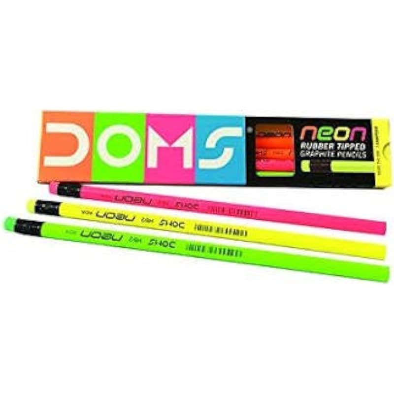 Doms Neon Rubber Tipped Hb/2 Graphite Pencils Box Pack | Non-Toxic | Free Sharpner Inside The Box | Easy & Smooth Sharpe 2 Count (Pack of 1)