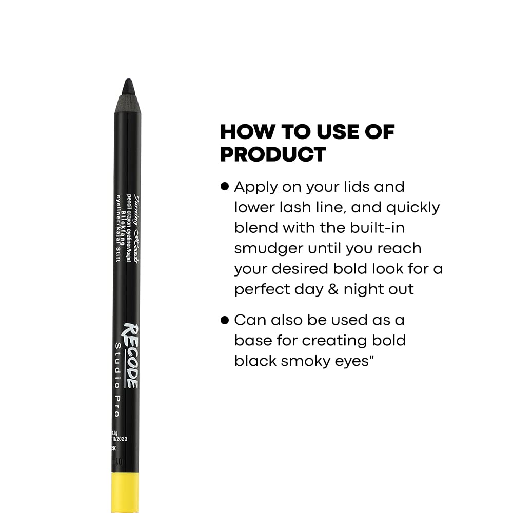 Recode Turning Heads Crayon Gel Eyeliner Pencil Cum Kajal Pencil Comes with Smudger On Other Side, Long Lasting, Water-proof, Black, 1.2g