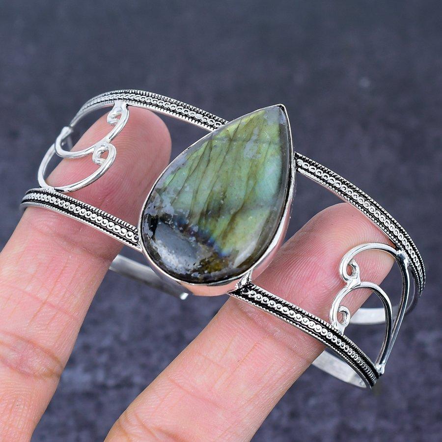 Natural Labradorite Gemstone 925 Sterling Silver Cuff Bangle Adjustable N9C38