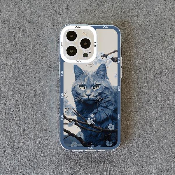 Painted Plum Blossom Flower Cat Clear Phone Case For iPhone 11 12 13 Pro Max 14 15 Pro Max Plus XS XR X Transparent Back Cover