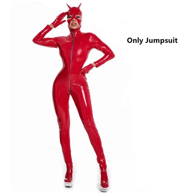 Long Sleeve Zip Open Crotch Bodysuit Women Shiny PU Faux Sexy Look Suit Leather Jumpsuits Latex Catsuit Wet Clubwear