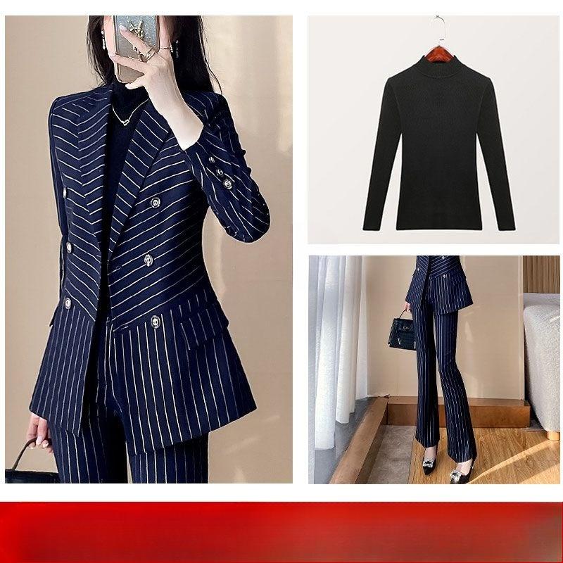 Trendiges gestreiftes Anzugset für Damen Marineblauer Blazer und Hose Zweiteilig Arbeitskleidung Büro Dame Mode Lässig