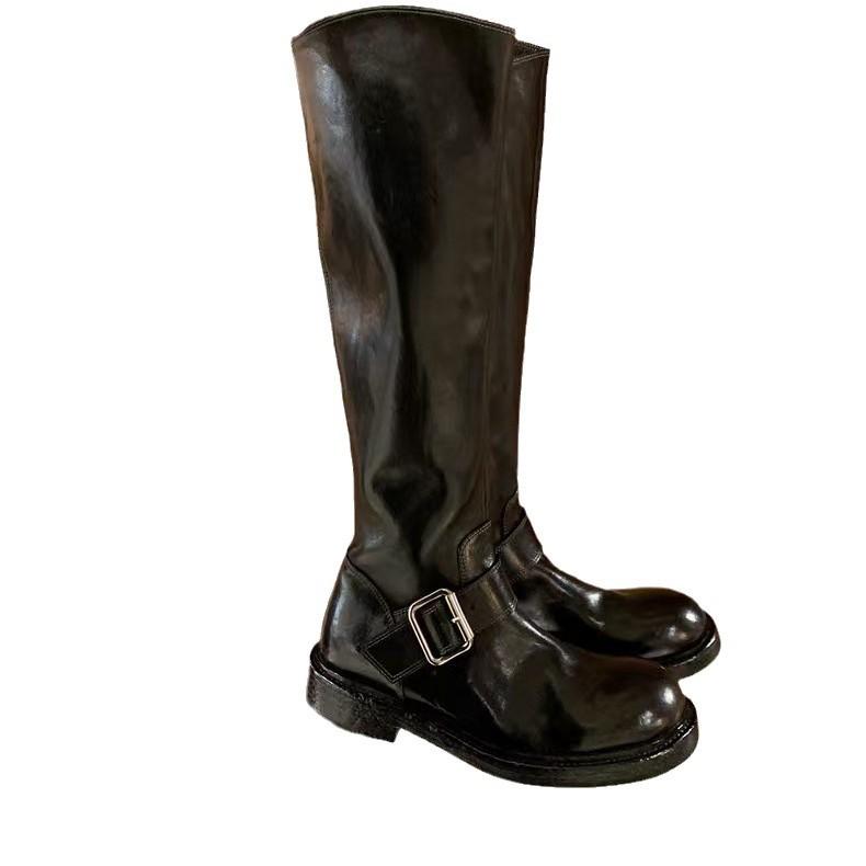 

Grape Mom Studiolee Chris Street~ Washed Horse Leather Round Head Coarse Heel Locomotive Belt Buckle Medium Boots 35