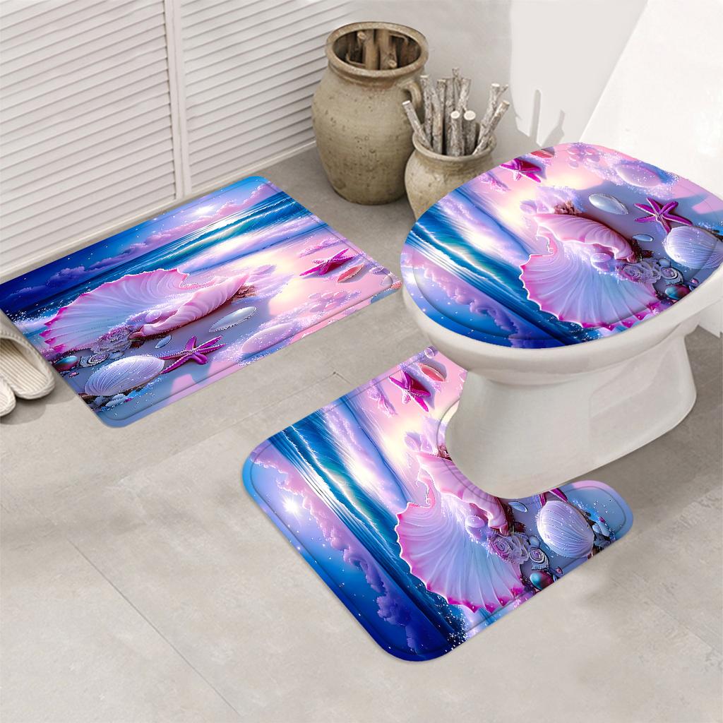 1/4pcs Luxury Beach Shell Waterproof Shower Curtain Set Decorative Bathroom Set Non-Slip Carpet Toilet Cover Bath Mat And 12 Hooks