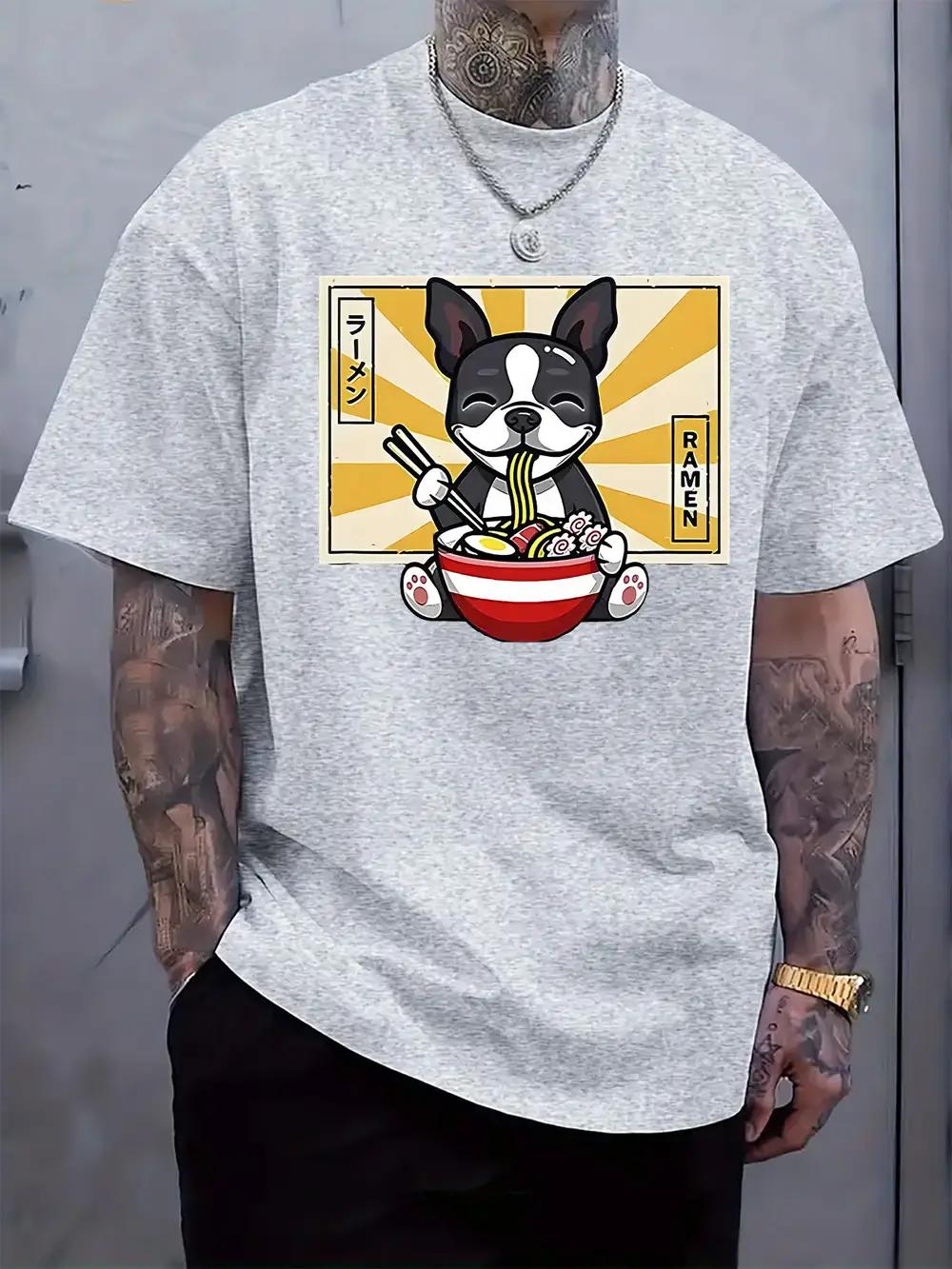 Cute French Bulldog Eating Ramen Graphic T-shirt - Light Gray Casual Summer Tee XXL