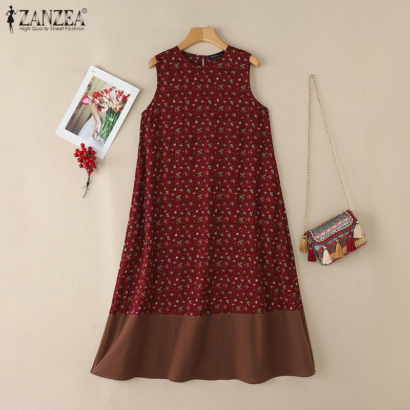ZANZEA Women Summer Round Neck Casual Sleeveless Floral Dress