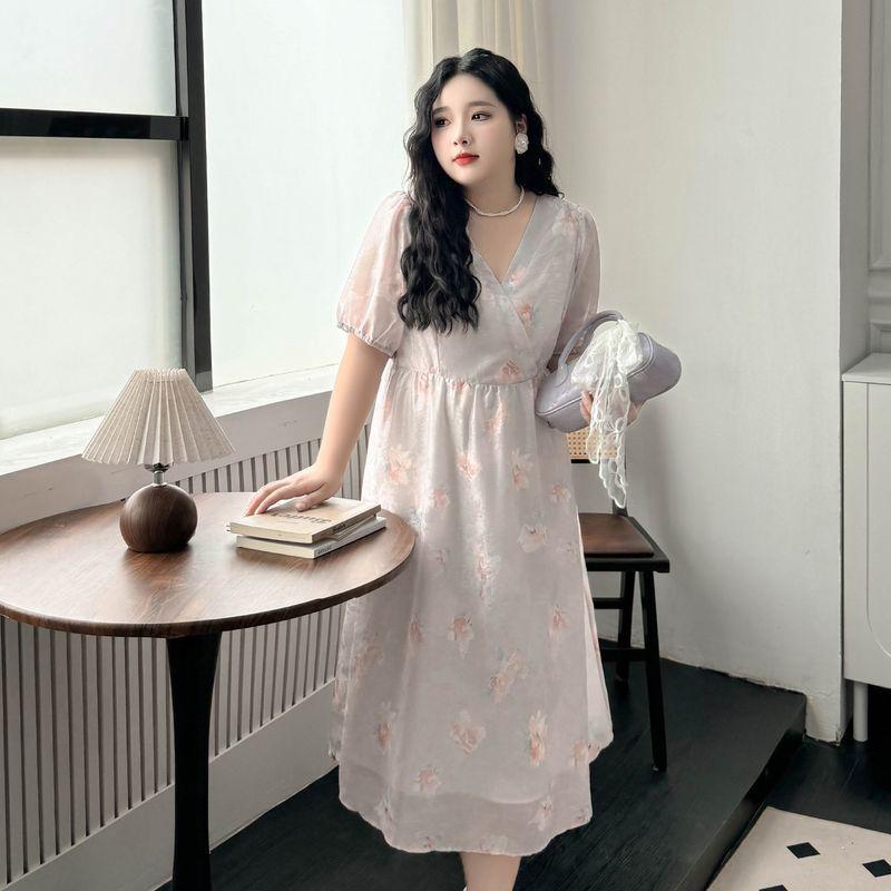 

Plus size women clothing [French style Romantic Dress] Chubby Girl Summer V-neck High Waist Meat Covering Bubble Short sleeve Floral Dress Flower color 5XL