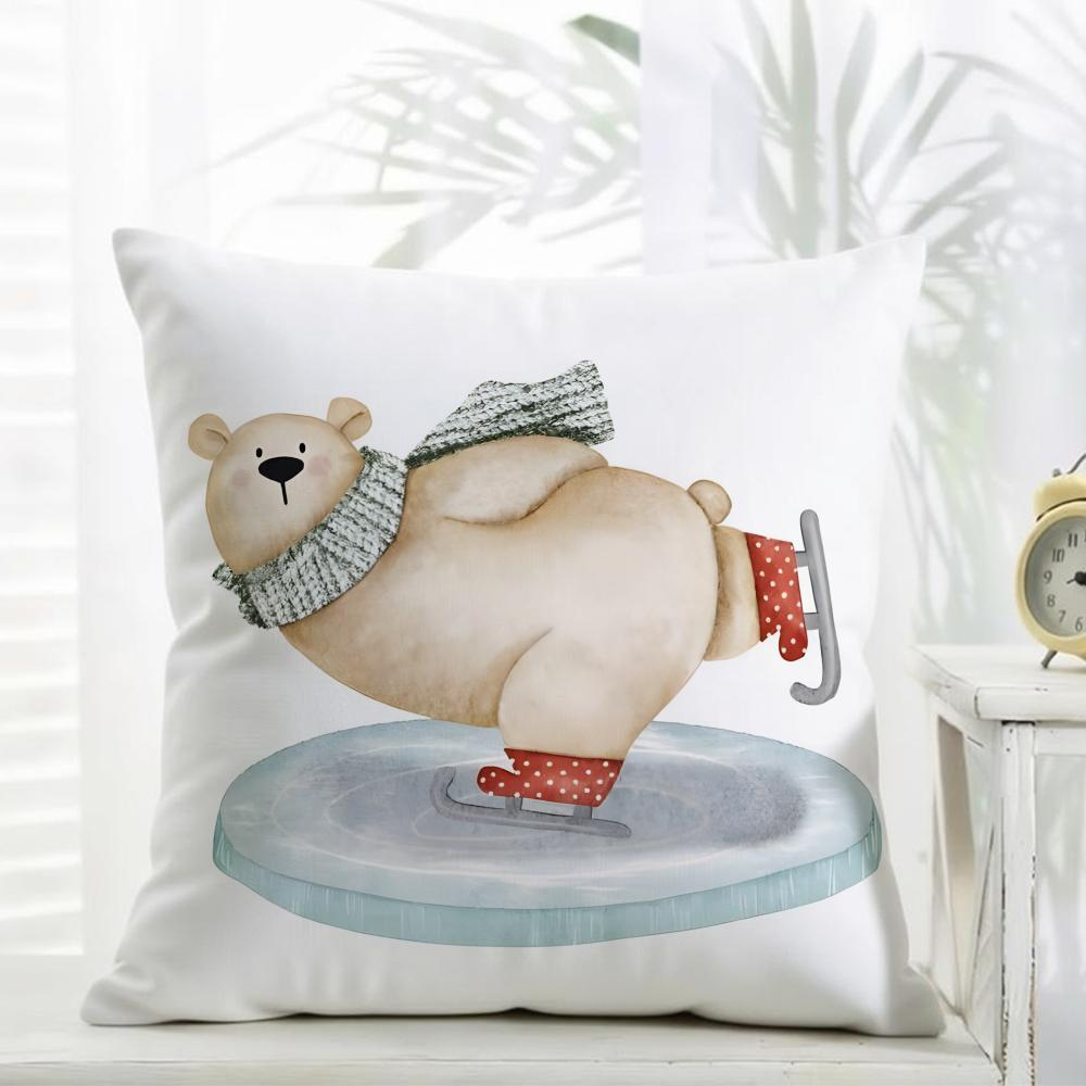 C-Christmas Snowman Bear Pillow Cute Cushion Cover Daily Washable Linen Pillowcase Soft For Sofa Bed Home Room Decor