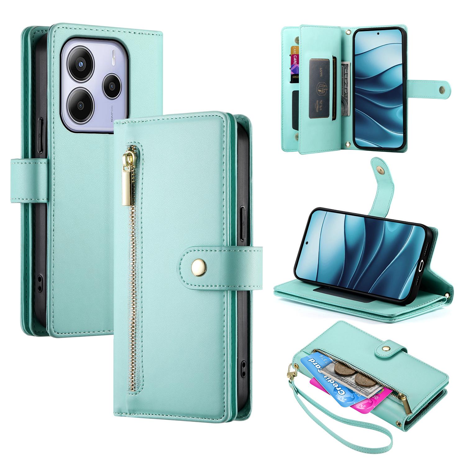 

DF-011 For Xiaomi Redmi Note 14 4G (164.84mm) Case Zipper Pocket Wallet Leather Phone Cover with Straps Mint Green
