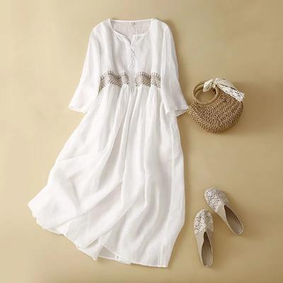 Women's Summer Design Literary Elegant Long Dress Round Neck Embroidered Cotton Linen Dresses