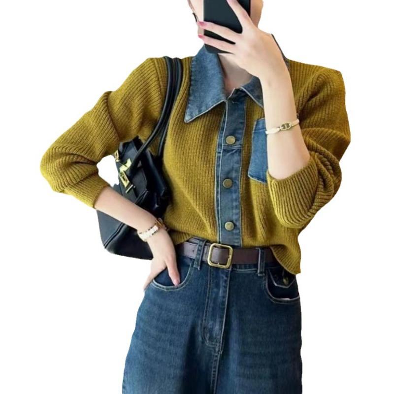 New autumn and winter women's clothing denim splicing sweater lazy pocket short loose long-sleeved knitted cardigan jacket