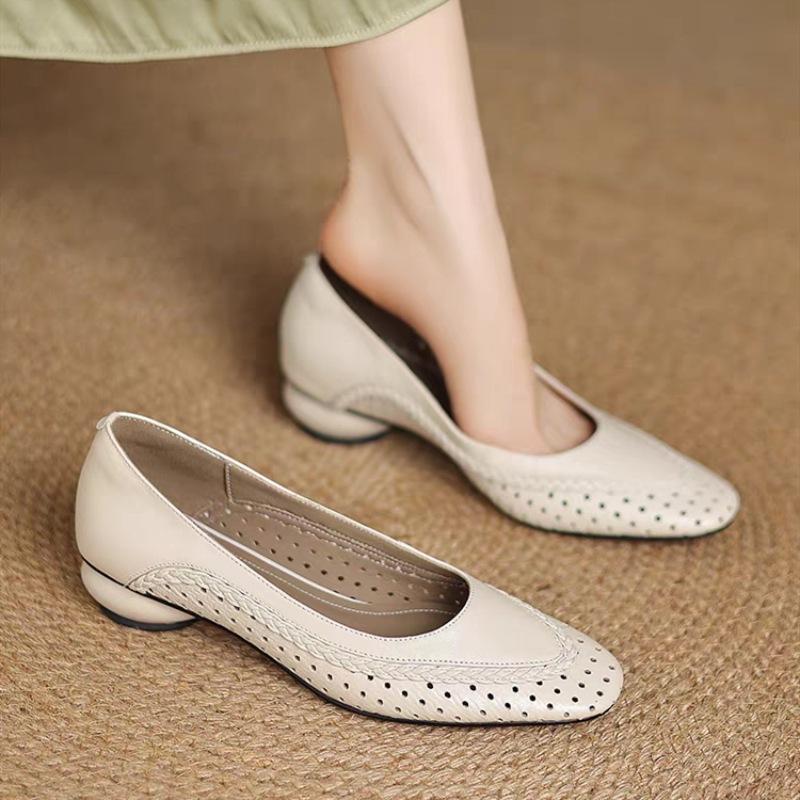 2025 summer French square head hollow breathable thick heel shallow mouth single shoes women's middle heel bag head sandals soft leather hole shoes