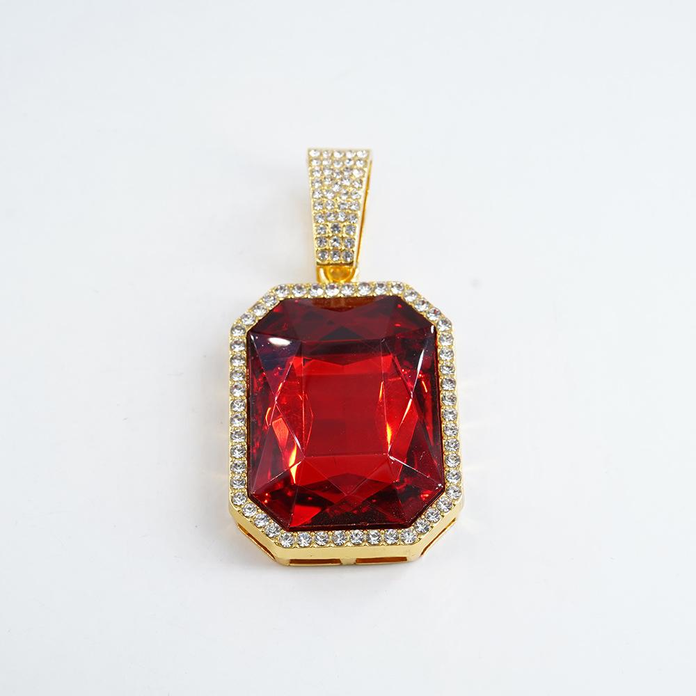European and American Jewelry Fashion Square Colored Gemstone Necklace Pendant for Men, Hip-hop Style, Full Diamond Cuban Chain Necklace, Unisex