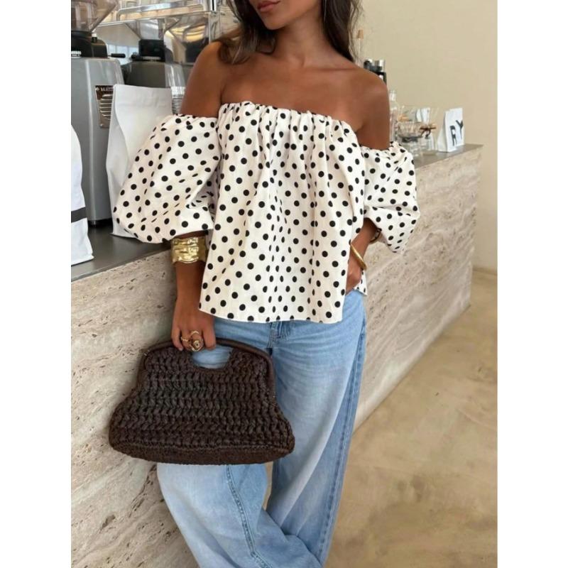 Women Summer New Off Shoulder Bubble Sleeve Blouse Polka Dot Sexy Loose Casual Chiffon Pullover Tops S