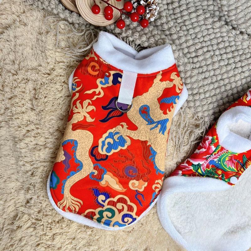 Doggy Clothes - Thickened for Autumn and Winter, Suitable for Outdoor Use. for Pets and Cats. Festive New Year Outfits with Big Flowers.