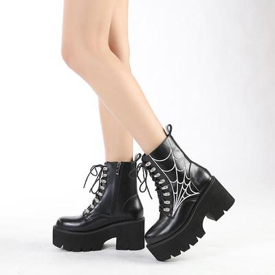 Embroider Design Lace-Up Women Ankle Boots Zipper Round Toe Square High Heels Female Short Motorcycle Boots Gothic Style