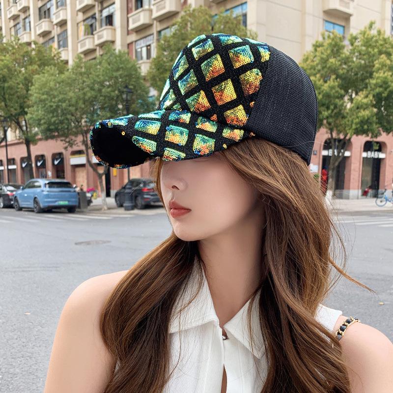 Hat Women's Color Sequins Cap Summer Breathable Mesh Baseball Cap Blue Shade Sunscreen Cap