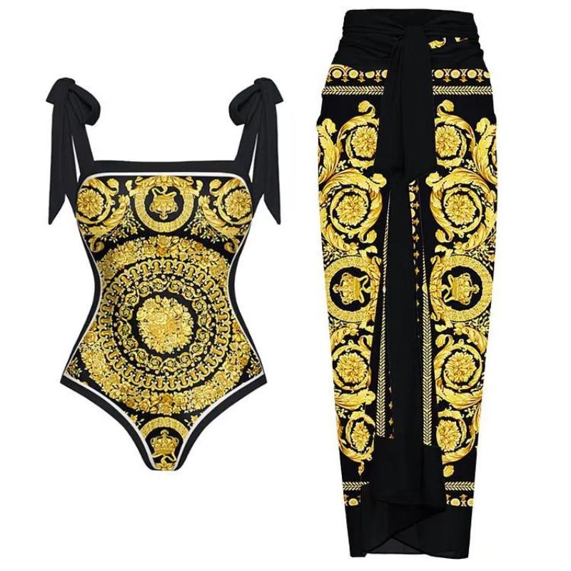 Women's Floral Print One-Piece Swimsuit with Matching Wrap Skirt Cover Up Set
