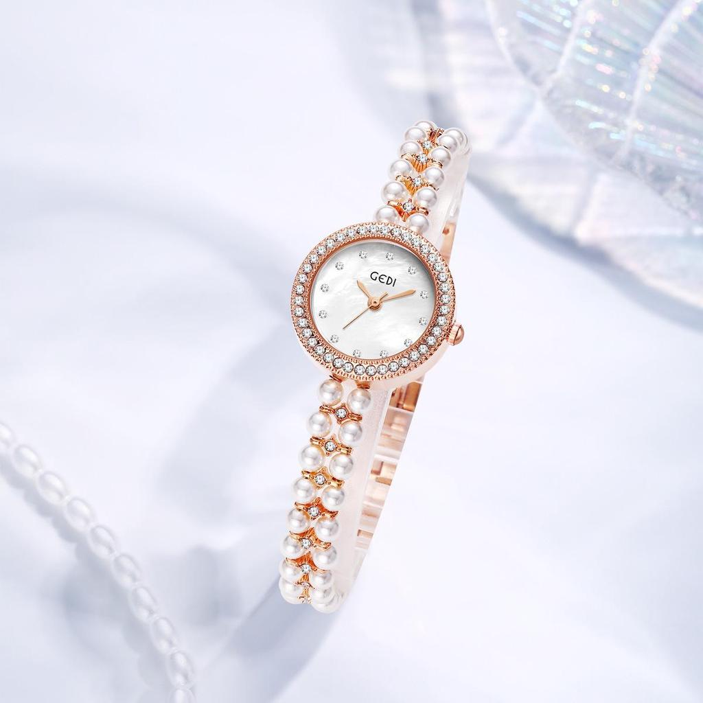 Gedi Women's Diamond-Set Mother-of-Pearl Luxury Watch with Pearl Band and Quartz Movement