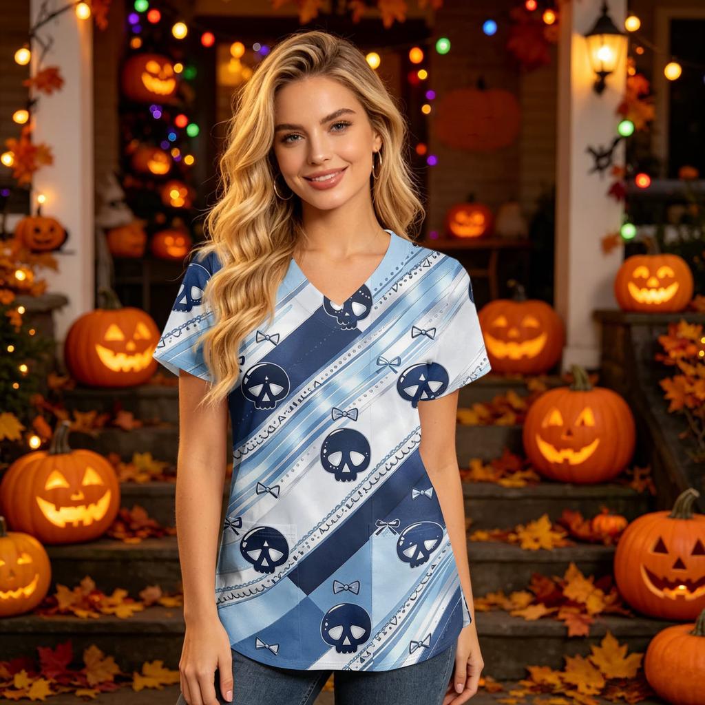 Damen V-Ausschnitt Kurzarm Arbeitshemd mit Taschen Halloween Print Pflegekraft Uniform Oberteil