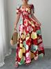 2025 summer European and American new bubble sleeves high waist waist printing women's large pendulum suspender dress