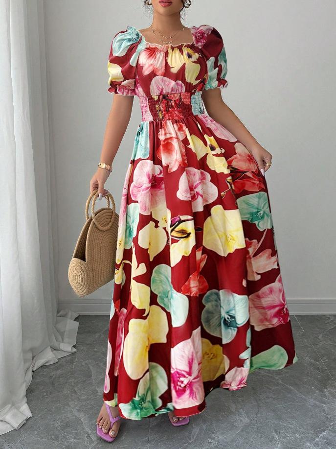 2025 summer European and American new bubble sleeves high waist waist printing women's large pendulum suspender dress