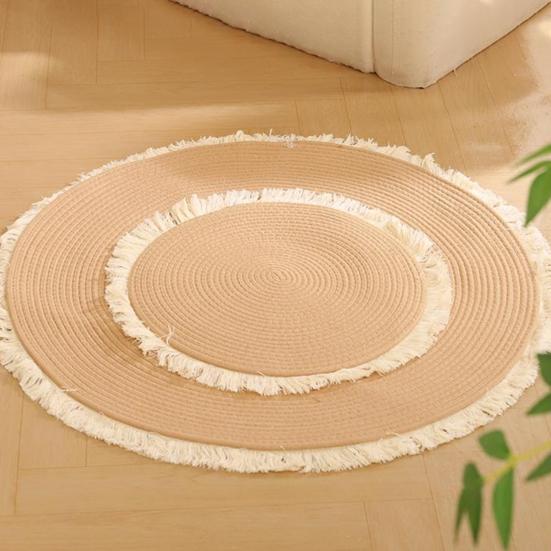 Katoenen Touw Kattenkleed Rond Kattenkrabkleed Zacht Wasbaar Vloerkleed met Kwasten Omkeerbaar Geweven Vloermat voor Slaapkamer Woonkamer Katten Rustplek