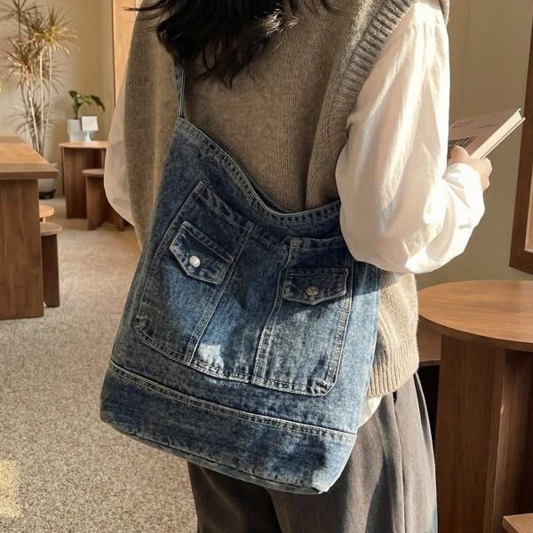 Schoolbag new Korean version denim bag large capacity underarm bucket bag trendy versatile simple commuter denim shoulder bag