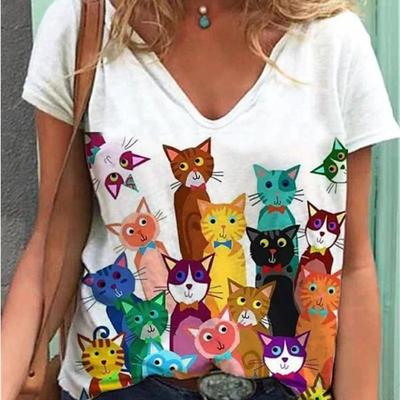 Maglietta da donna con pittura di gatti Maglietta basic con scollo a V con stampa grafica geometrica di gatti