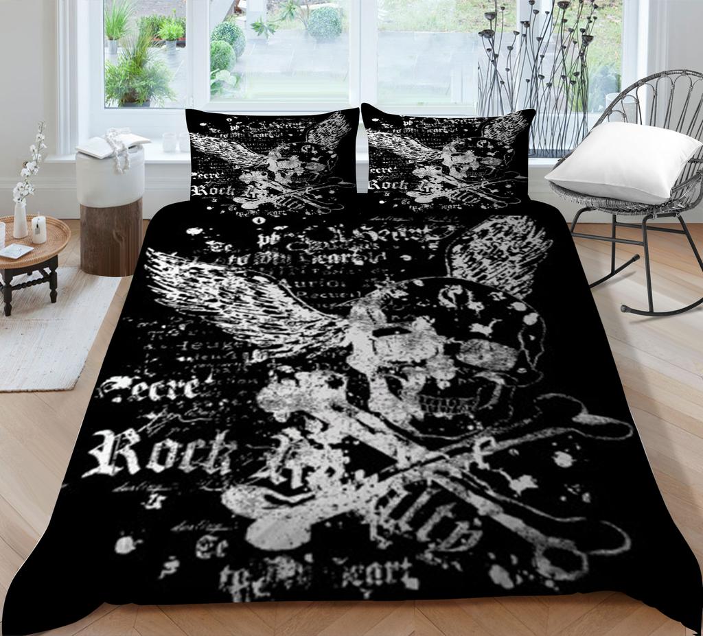 Zestaw poszewek na kołdrę z nadrukiem czaszki okropny styl pościel zatoczka garnitur chłopięcy pojedynczy rozmiar poszewka na pierzynę garnitur czarne tło pościel domowa