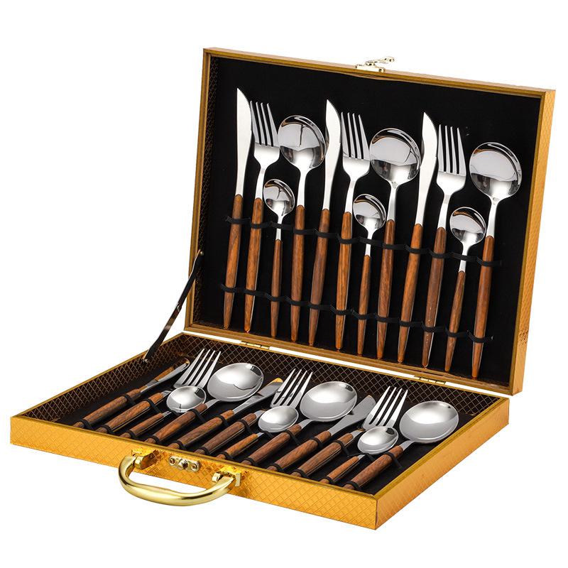 24-Piece Titanium Gold Stainless Steel Cutlery Set with Western Steak Knife, Fork, Spoon, and Laser Logo - Gift Pack.