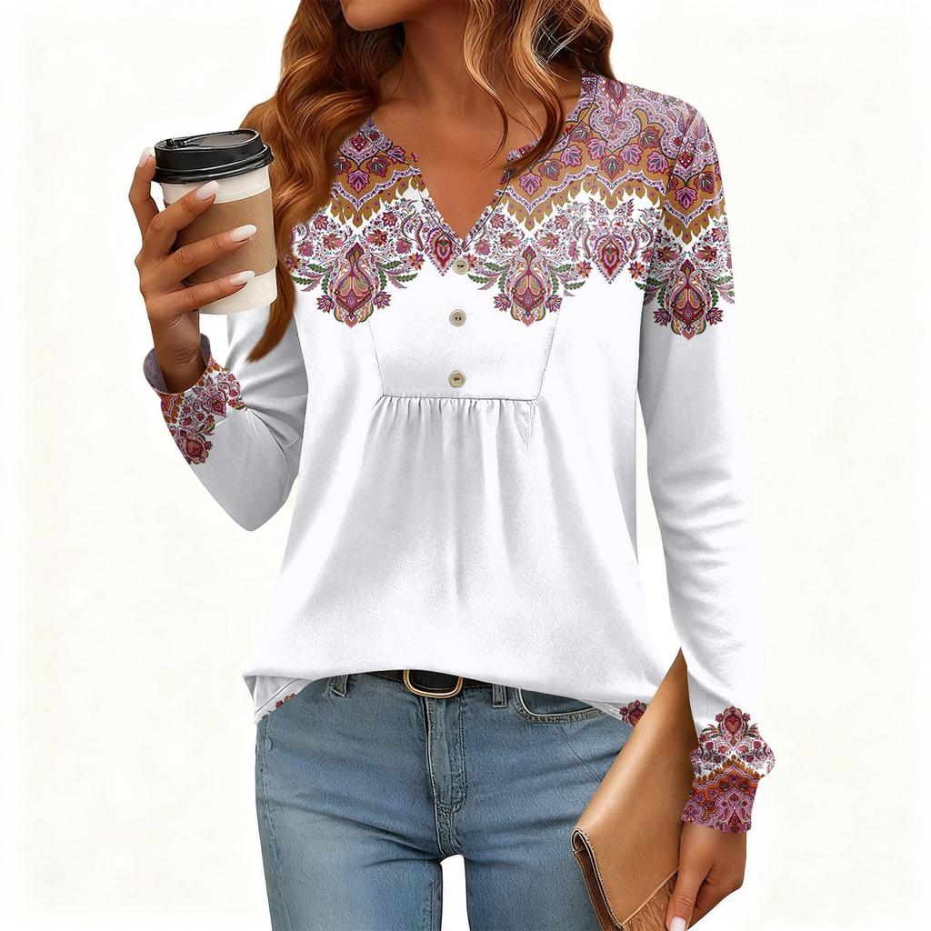 Women's Relaxed,Fit V,Neck Vintage Color,Blocked Floral Print Long,Sleeve Pullover Tee