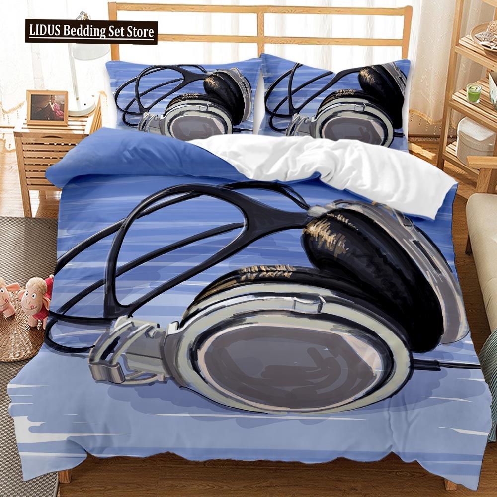 Headphones Duvet Cover Set Rock Music Melody Note Comforter Cover Pink Headset Polyester Bedding Set For Kid Boy Girl King Size