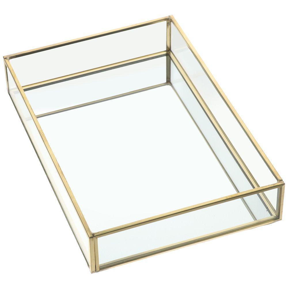 Vasso Decorativo in Vetro Funzionale Oro 7,87*5,5*1,38 Pollici Vassoia in Vetro con Bordo Dorato Vassoio Vintage per Gioielli Bagno