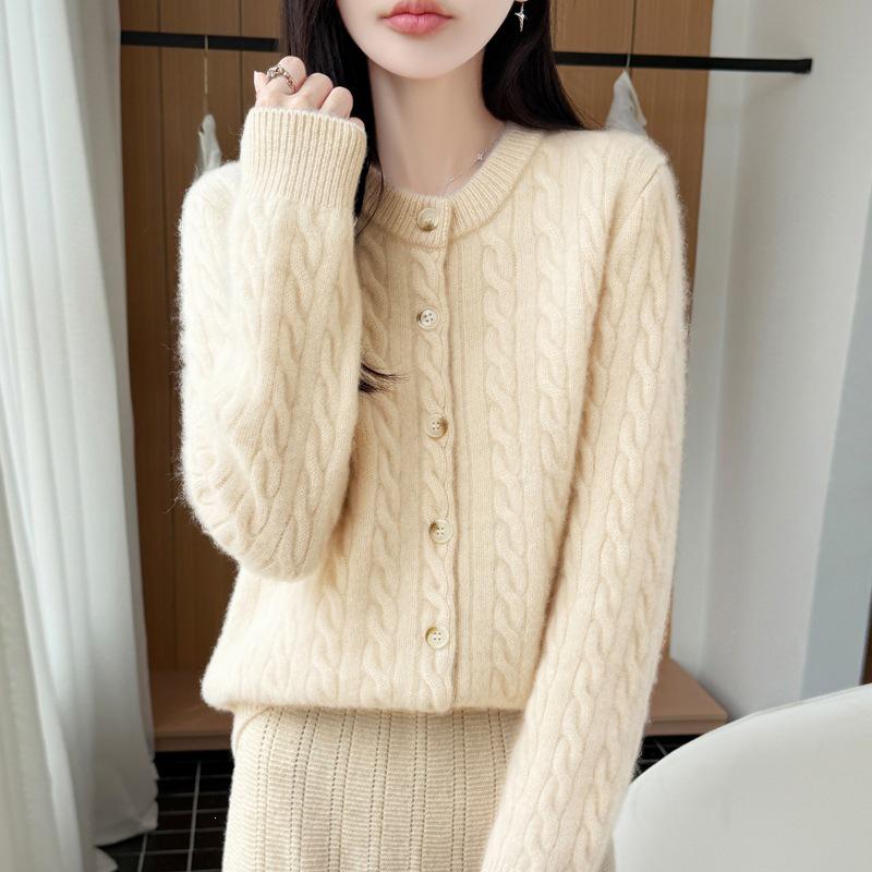 2026 A/W Women's Pure Wool Cable Knit Round Neck Cardigan Sweater - Long Sleeve, Seven-Stitch, Thickened Knit