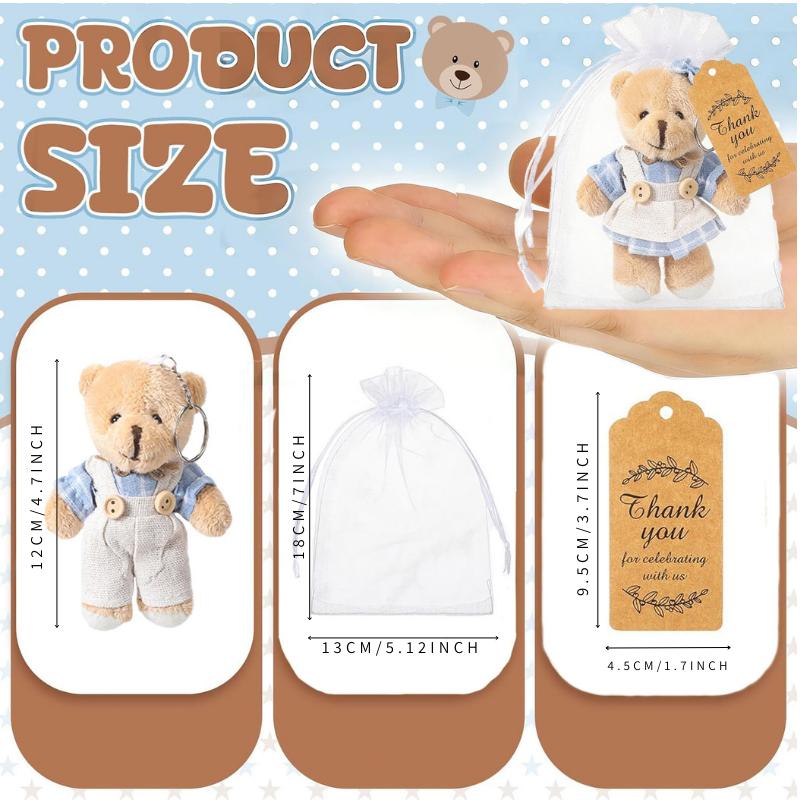 12-36 Zestawów 12 cm Niedźwiadki Upominki na Baby Shower dla Gości Mini Pluszowe Niedźwiadki Niebieskie Z Kartkami Torebki Organzowe